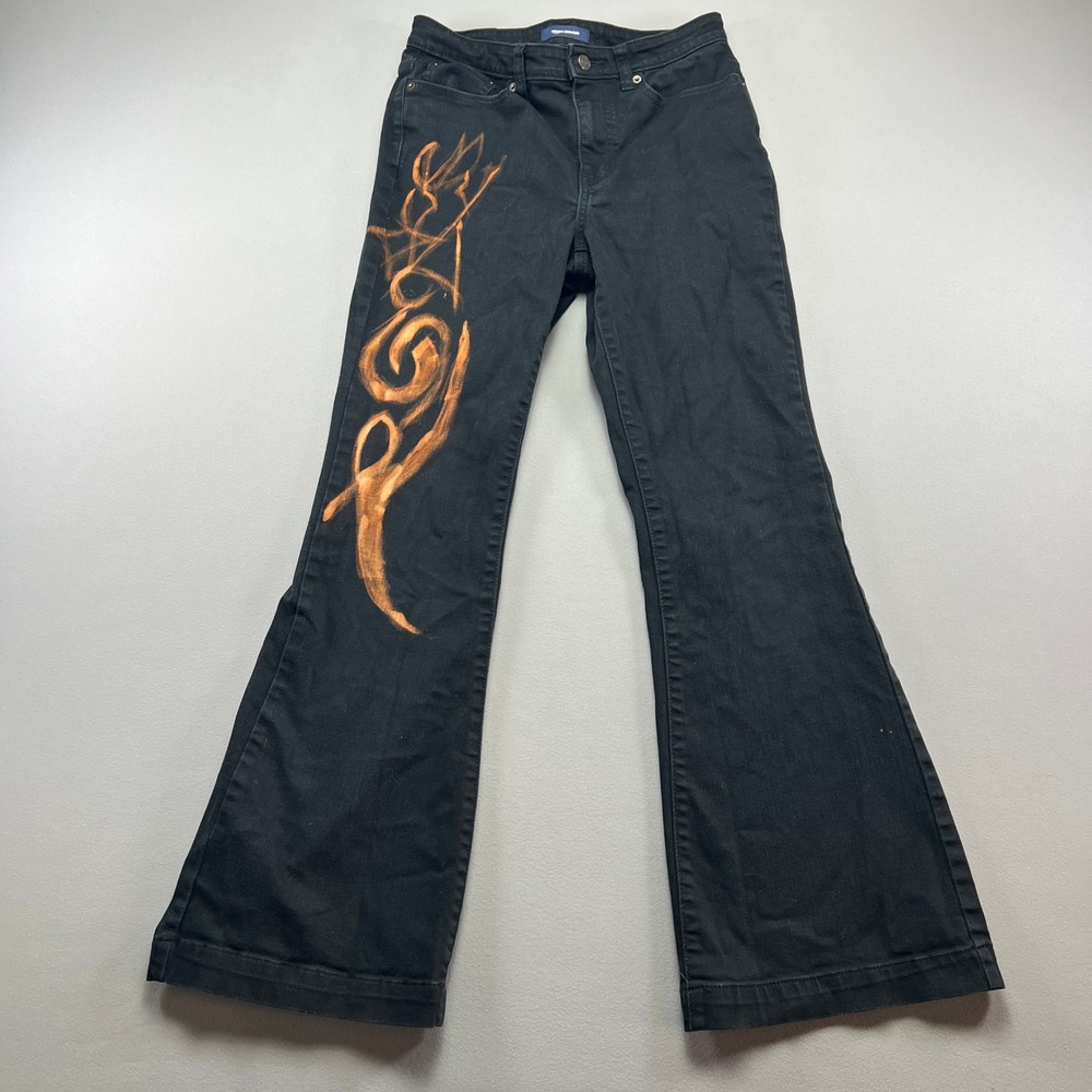 Amazon Essentials Bootcut Jeans Womens 6 Black Abstract Tribal Graphic Mid Rise